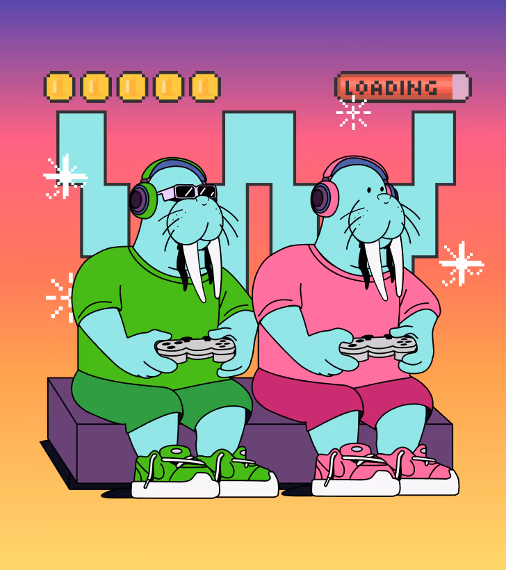 Two cartoon walruses wearing headphones and casual outfits, holding game controllers and sitting side by side with game-inspired background elements.